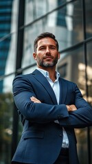 Wall Mural - professional businessman with arms crossed, standing confidently in front of a glass office building