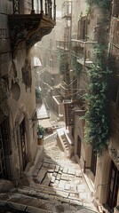 Canvas Print - A Glimpse into the Heart of the City: A Narrow Alleyway with Stone Walls and Cobblestone Steps