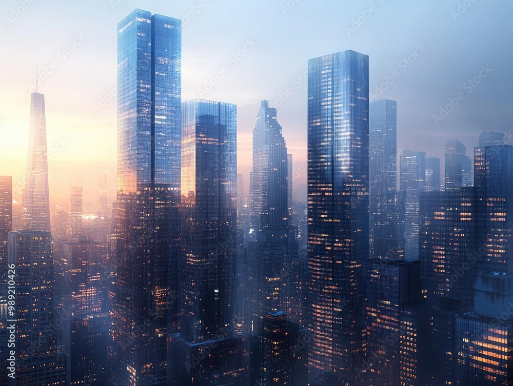 skyscrapers standing tall in a cityscape at dawn, with the first light ...