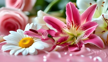 Vibrant floral close-up featuring roses, lilies, and daisies on a pink surface for a stunning cosmetic backdrop.