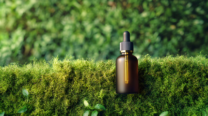 Wall Mural - Amber glass cosmetic bottle on green background, natural moss, grass. Skin care, organic body treatment, spa concept. Vegan eco friendly cosmetology product. Biophilia design. Organic cosmetics