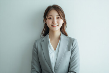 A young Japanese businesswoman wearing a light gray suit stands in front of a white wall, smiling at the camera