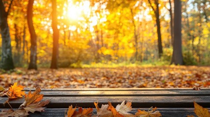 A bench is surrounded by a field of autumn leaves. The leaves are scattered all over the ground, creating a beautiful and serene atmosphere. The sun is shining brightly. The bench is empty