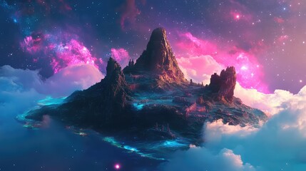 A mysterious island floating in space, surrounded by glowing, colorful nebulae, with strange ancient ruins scattered across its surface.