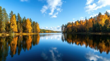 A beautiful lake with a blue sky and trees in the background. The water is calm and still, reflecting the trees and sky. The scene is peaceful and serene