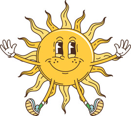 Aufkleber - Cartoon groovy sun character with happy funky face, vector retro space planet comic art. Groovy sun with funny face and smile shining in galaxy planet, trippy cartoon character for 70s hippie sticker