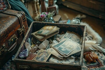 Mystical tarot cards and crystals in a vintage chest