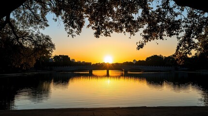 A beautiful sunset over a lake with a bridge in the background. The water is calm and the sky is a mix of orange and pink hues