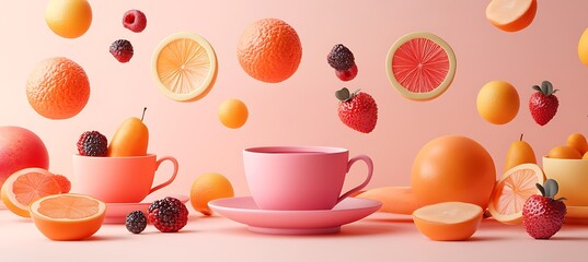 Minimalist 2D background featuring a simple pastelcolored table setting with 3D digital food elements such as floating fruits and desserts that defy gravity creating a whimsical dining experience