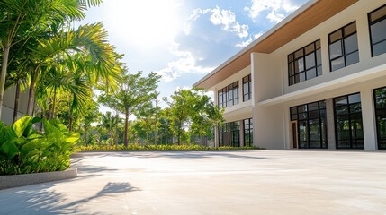 Wall Mural - A large building with a large courtyard in front of it. The courtyard is surrounded by trees and has a lot of greenery. The building is white and has a lot of windows