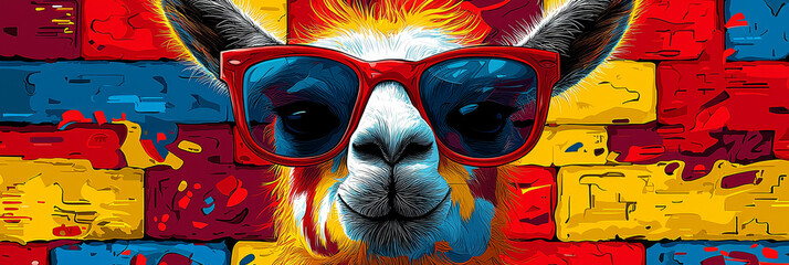 Wall Mural - Cool llama wearing red sunglasses