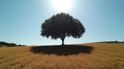 Wall Mural - tree in the middle of a field during summer, casting a large shadow under the bright midday sun