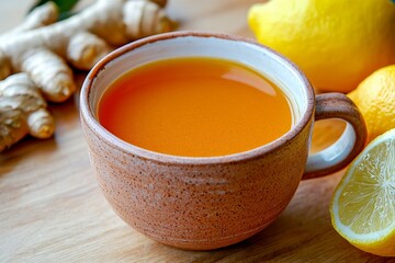 A detox tea featuring fresh ginger, turmeric, lemon, and a dash of honey, served in a rustic clay cup on a wooden table