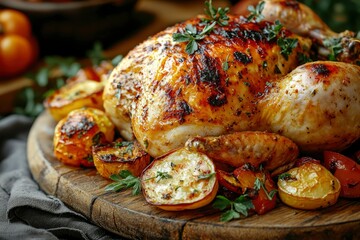 Wall Mural - Roasted Chicken with Potatoes, Tomatoes, and Herbs