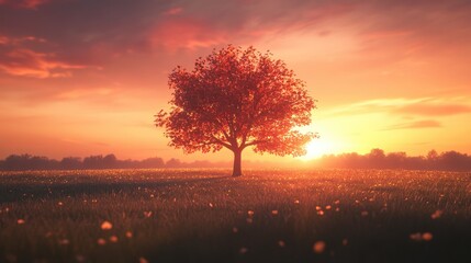 Canvas Print - tree standing in a field at sunset, with orange and pink hues lighting up the sky and reflecting off the leaves