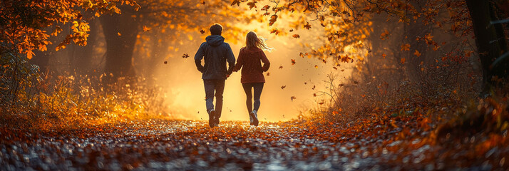 Canvas Print - Couple walking hand-in-hand through an autumn forest.