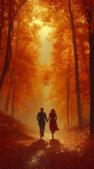 Sticker - A couple walks hand-in-hand through a magical autumn forest.