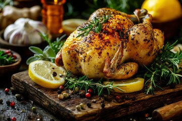 Wall Mural - Roasted Chicken with Rosemary, Lemon, and Peppercorns