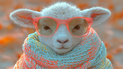 Canvas Print - A cute little lamb wearing pink glasses and a colorful scarf.