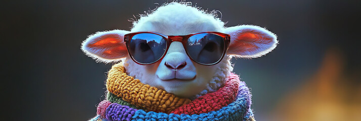 Sticker - A cute lamb wearing sunglasses and a colorful scarf.