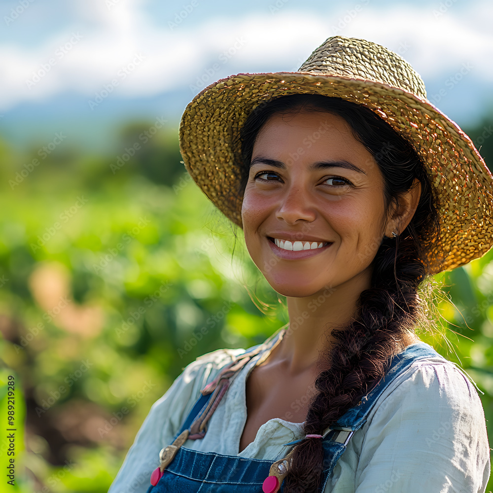 Young farmer woman with hat next to her crop and a tractor. Concept ...