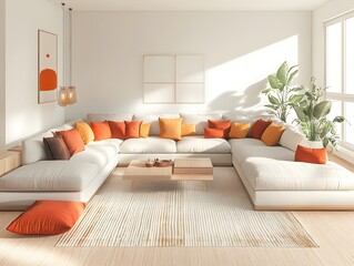 Cozy and inviting modern living room with a comfortable U shaped couch and pops of color in the decor featuring a Scandinavian inspired minimalist design cinematic depth of field