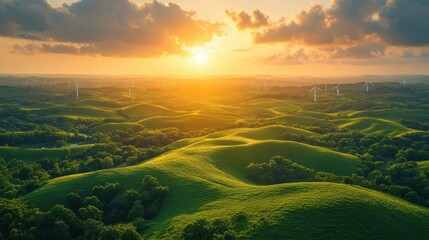 renewable energy landscape rolling hills dotted with sleek wind turbines and fields of solar panels dramatic sky golden sunlight symbol of sustainable future