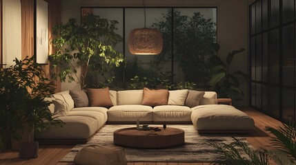 Cozy and inviting modern living room with a large comfortable sectional sofa and minimalist stylish decor lush indoor plants and natural textures muted tones cinematic digital interior style