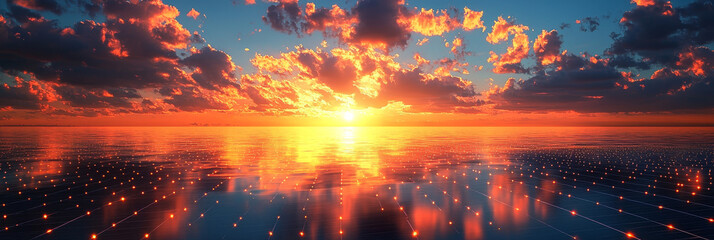 Poster - A fiery sunset casts a warm glow over a vast expanse of water, illuminating a network of solar panels.