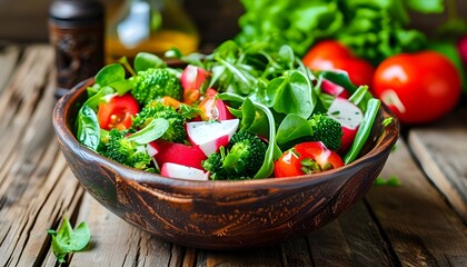 Wall Mural - Colorful rustic vegetable salad in a wooden bowl showcasing healthy eating and nutrition on a farmhouse table