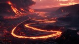 A stark, volcanic landscape with rivers of lava winding around a high-tech road that slices through the molten rock, illuminated by distant eruptions.