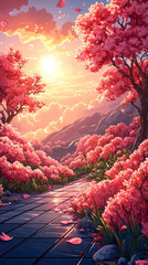 Wall Mural - A pathway through a field of pink cherry blossoms.