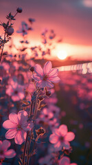 Wall Mural - Pink flowers glow in the setting sun.