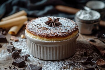 Poster - A Close-Up of a Single Serving of Chocolate Souffle with Powdered Sugar and Anise Star