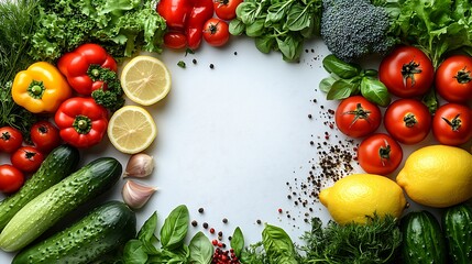 frame of fresh vegetables and fruits on white background