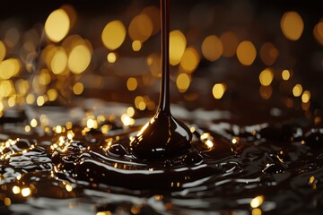 Wall Mural - Close-up of Chocolate Dripping into a Pool with Golden Bokeh