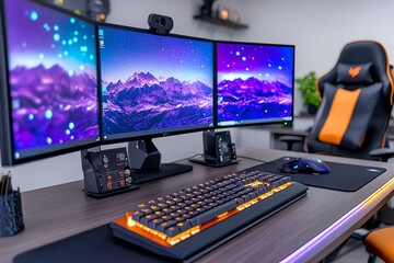 a close-up of a desktop computer setup, with dual monitors, a keyboard, and an ergonomic chair in th