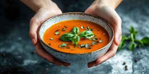 Female hands serving a delicious tomato soup in a beautiful plate