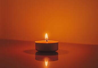 Single Candle Flame Glowing Brightly Against Orange Background