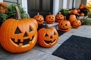 Wall Mural - Jack lantern, pumpkins with a smile on the background of the house. Decoration for the holiday. Concept template banner for Halloween and mystical night with space for text