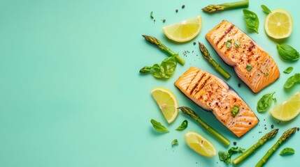 Grilled salmon fillets with asparagus and lime on a mint green background.