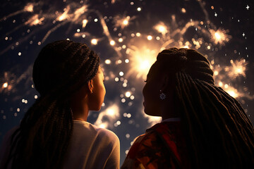 Canvas Print - Generated AI portrait of two women looking enjoying beautiful holiday fireworks in city national day