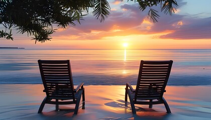 Tranquil beach setting with two chairs overlooking a stunning sunset over peaceful waters