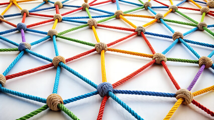 A high quality colorful rope forms an intricate web of connections on a white background, symbolizing the interconnectedness and diversity in business networks and social circles Generative AI