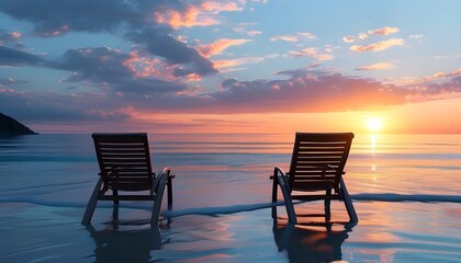 Tranquil beach setting with two chairs overlooking a stunning sunset over peaceful waters