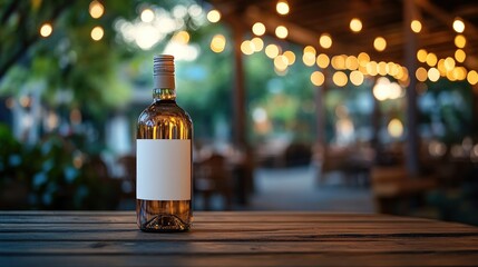 A bottle of white wine on a wooden table with string lights in the background.