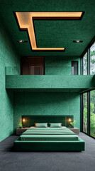 Poster - Modern bedroom with green walls and bed.