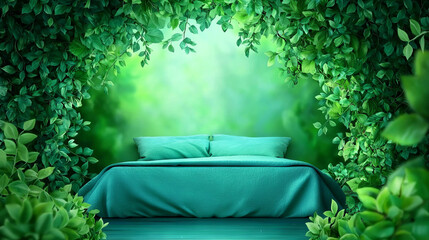 Sticker - A lush green bed with a canopy of leaves, inviting relaxation.