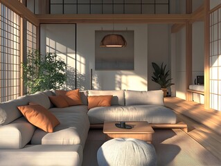 Wall Mural - A beautifully designed modern living room with cozy and comfortable seating warm wooden accents and large windows that flood the space with natural light creating a serene and inviting atmosphere