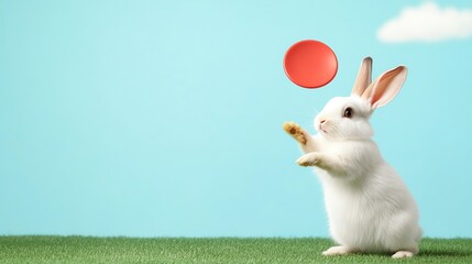 Cartoon rabbit playing frisbee in a park, jumping to catch the disc, playful and energetic